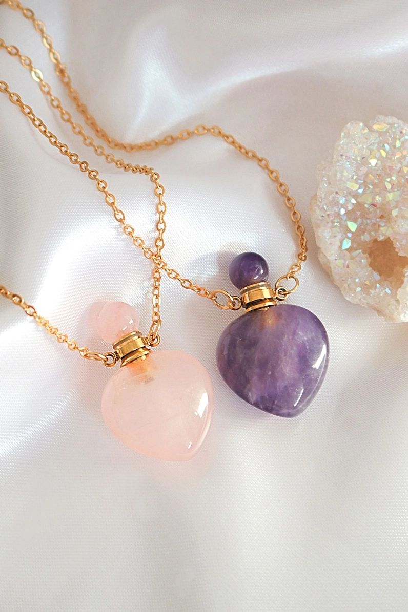 Flaschen mit Herzkristallen | Halsketten aus 24-Karat Naturkristallen | Amethyst