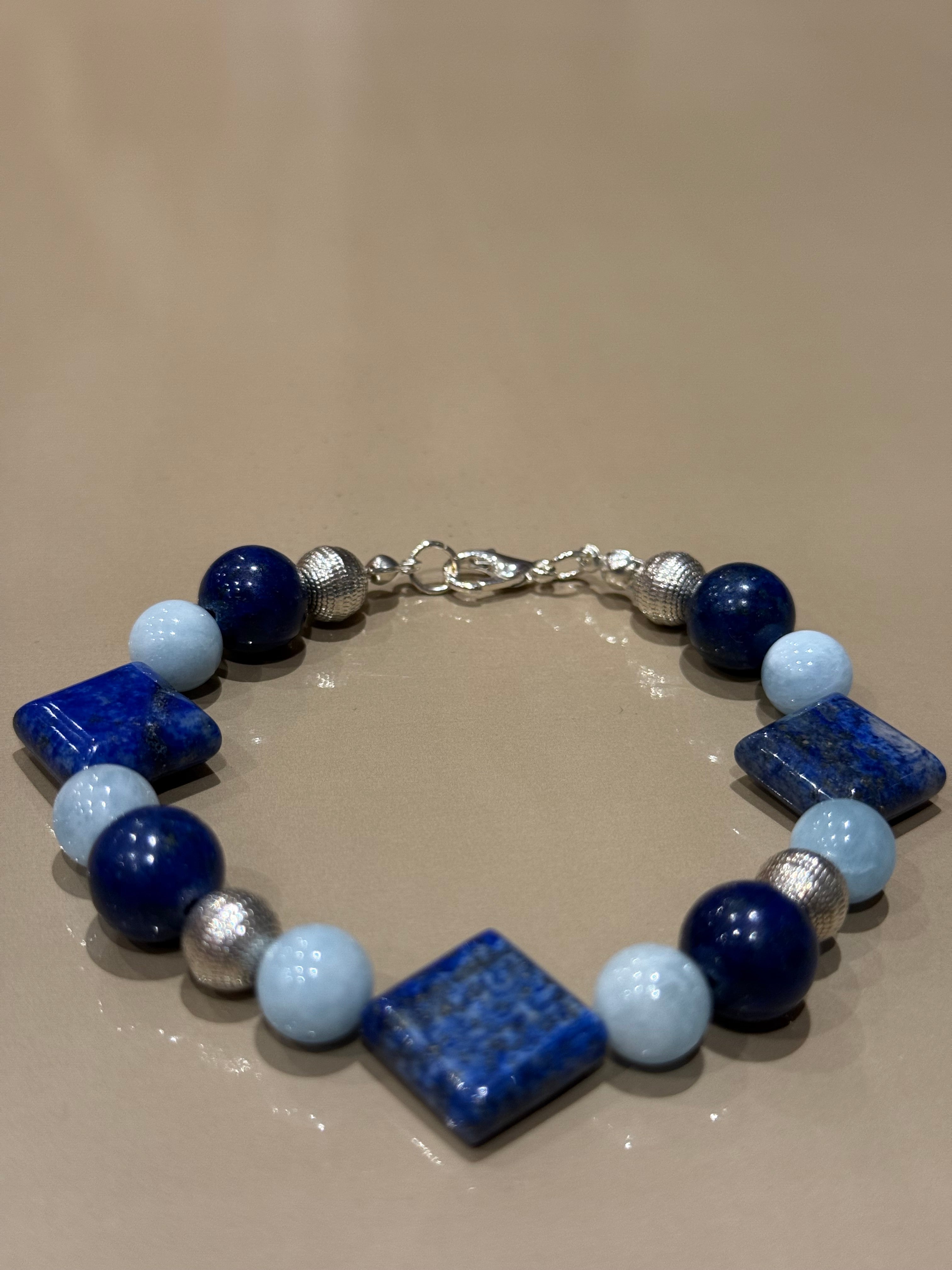 LAPISLAZULI - AQUAMARINE - SILBER ARMBAND ca.20 cm  - UNICAT