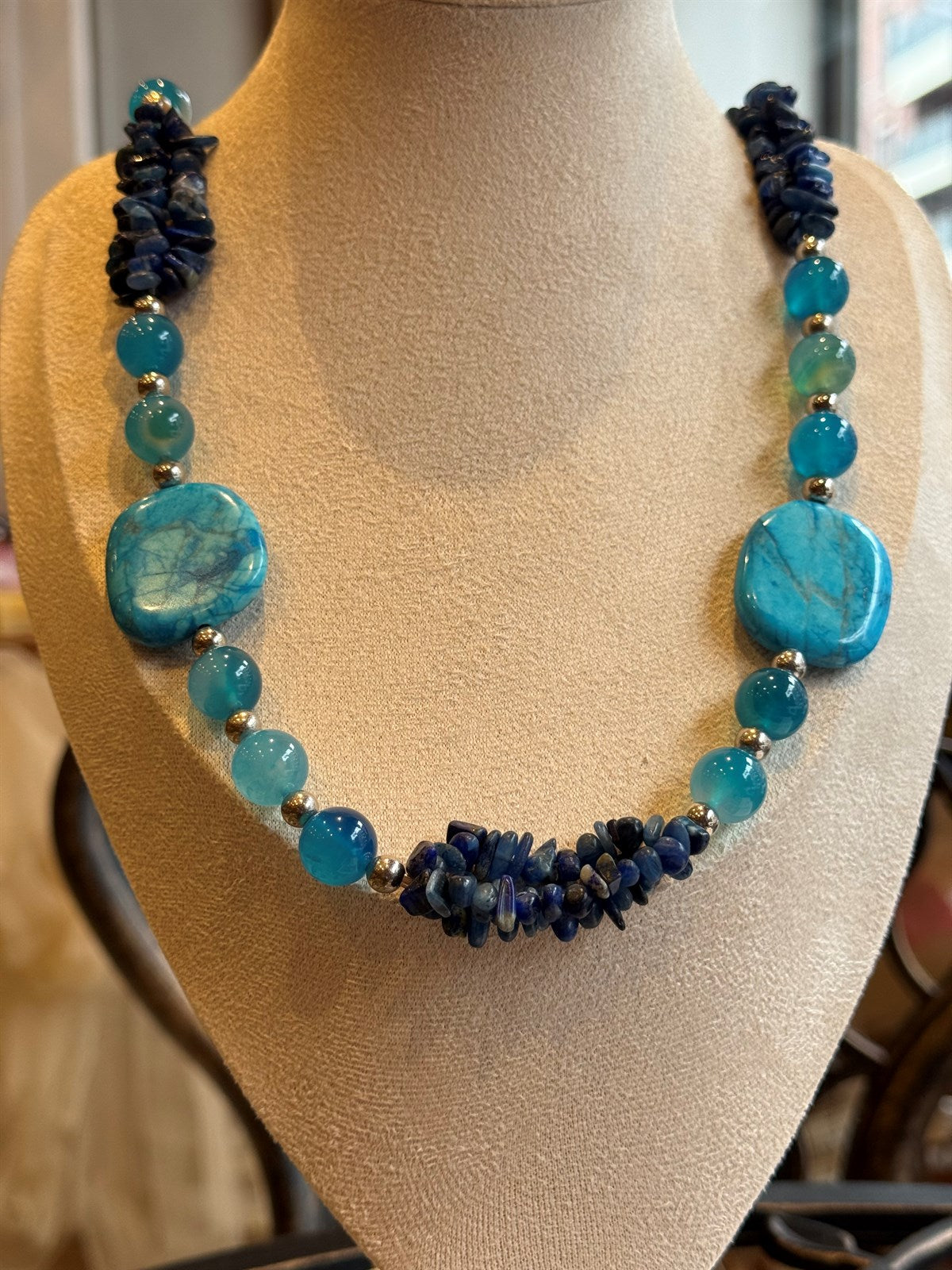 BLAUER ANGELIT - BLAUER ACHAT - LAPISLAZULI HALSKETTE ca 71 cm  - UNICAT