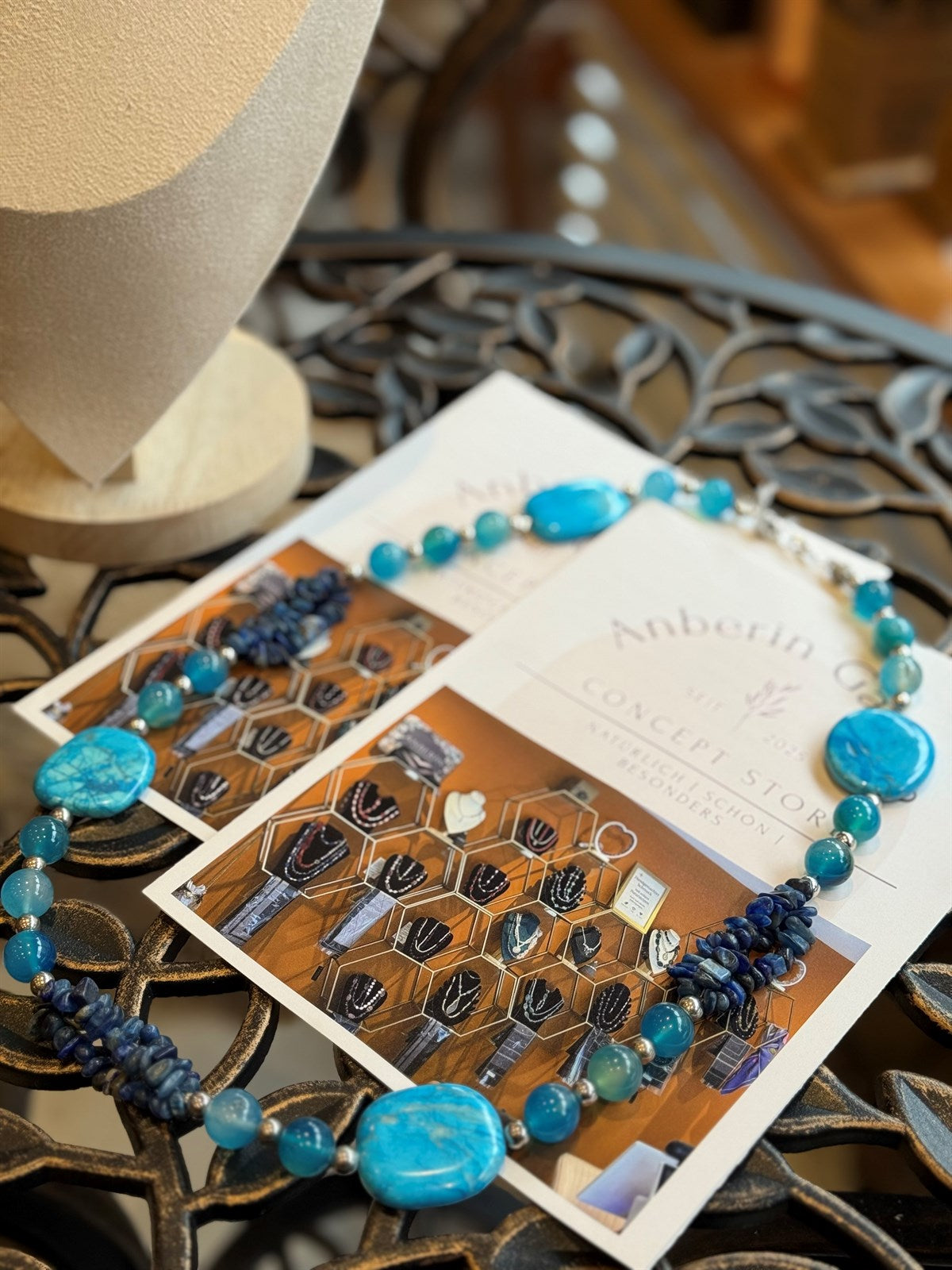 BLAUER ANGELIT - BLAUER ACHAT - LAPISLAZULI HALSKETTE ca 71 cm  - UNICAT