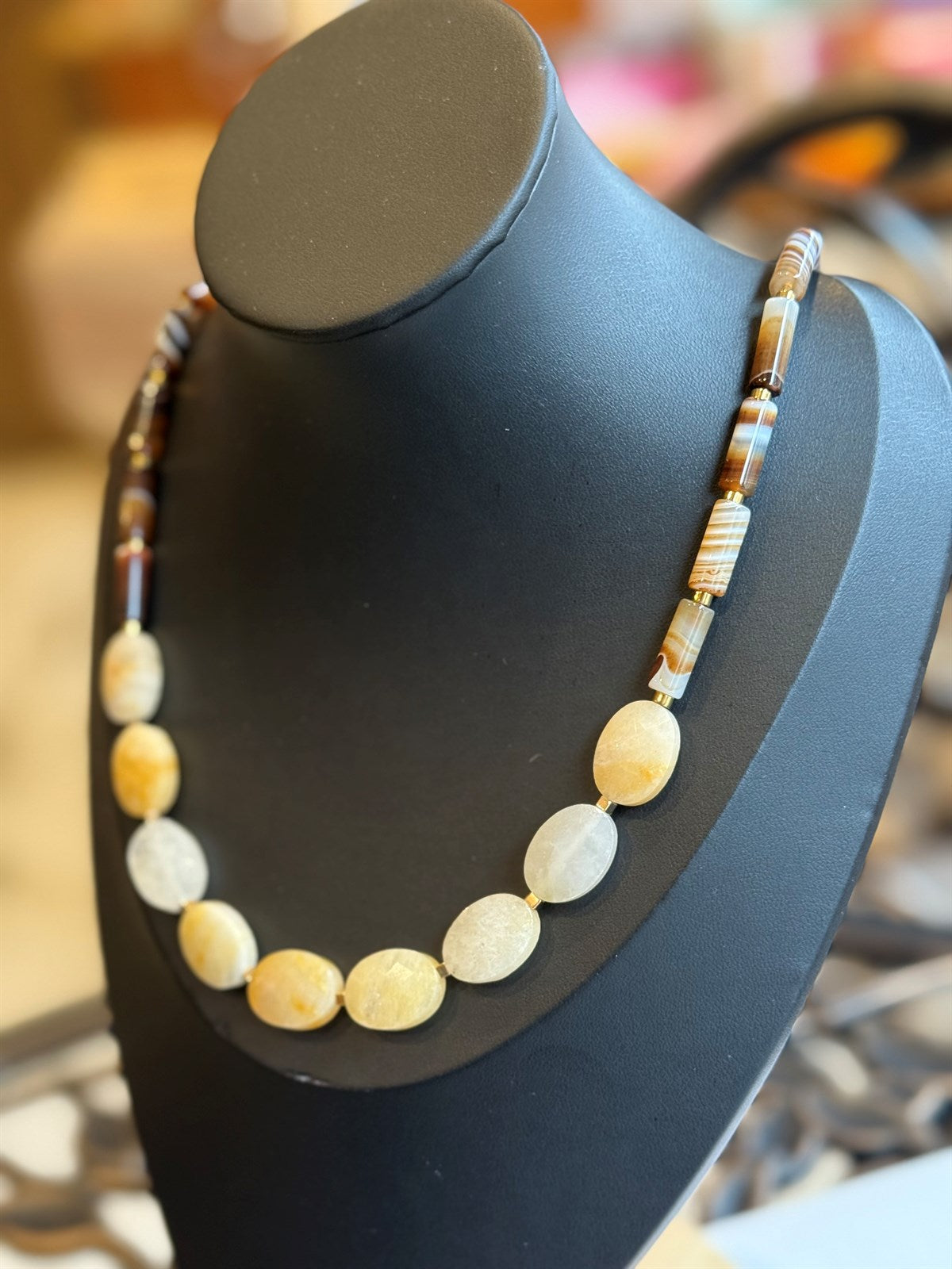 BEIGE  TOPAS - ACHAT - HÄMATIT HALSKETTE ca 65 cm  - UNICAT