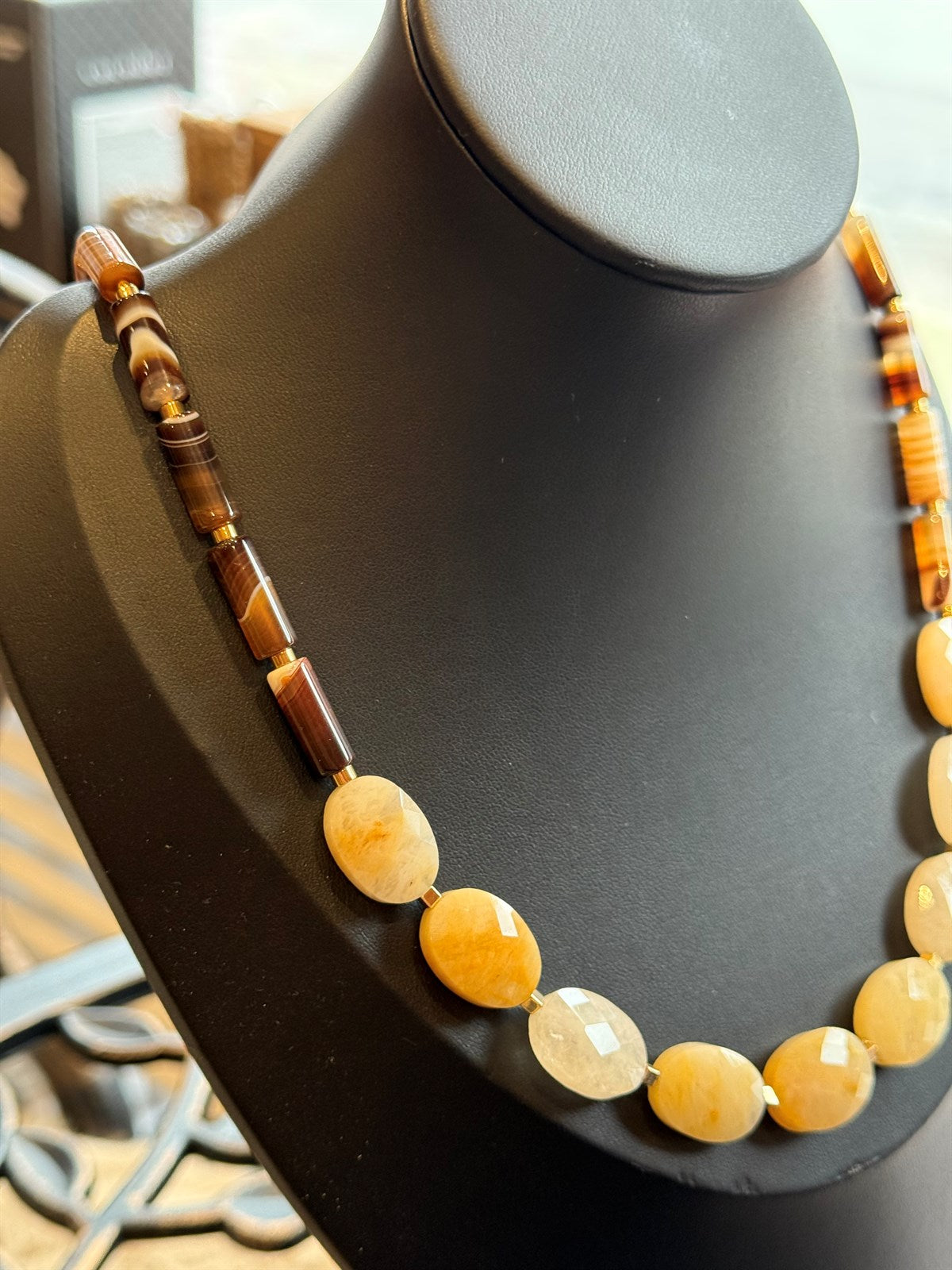 BEIGE  TOPAS - ACHAT - HÄMATIT HALSKETTE ca 65 cm  - UNICAT