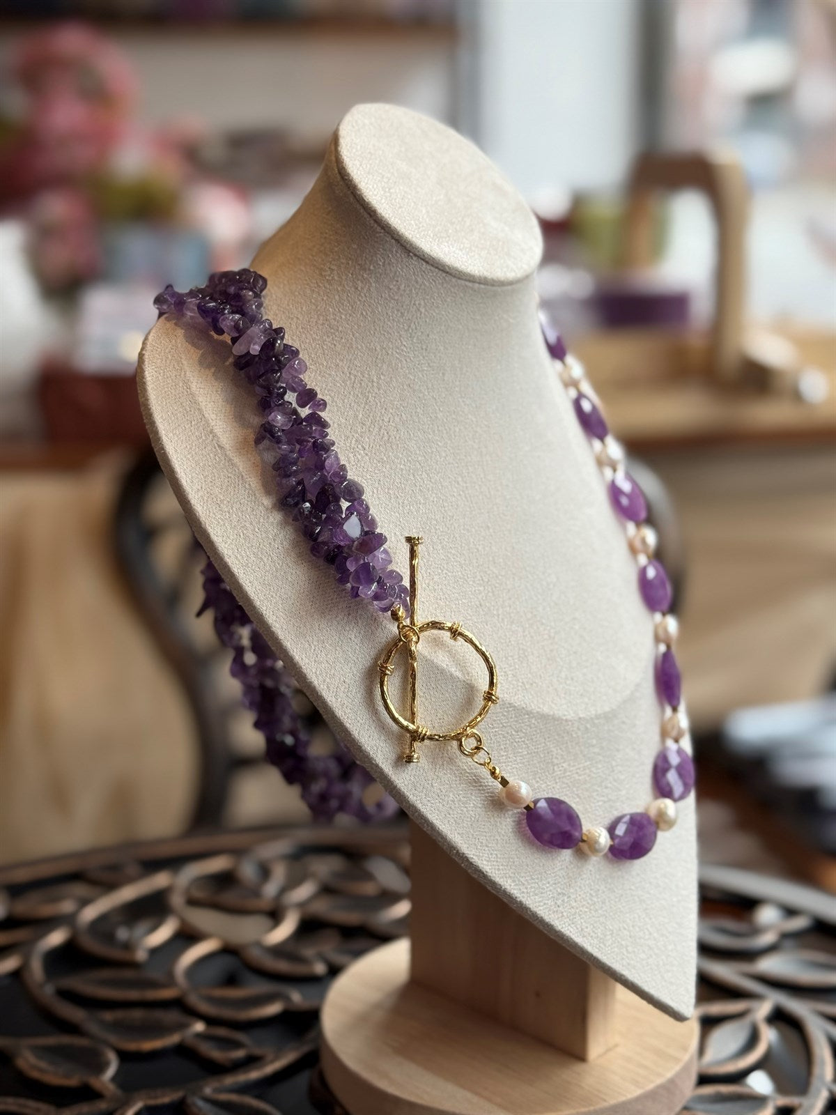 SÜSSWASSERPERLE - AMETHYST -HÄMATIT HALSKETTE ca 84 cm  - UNICAT