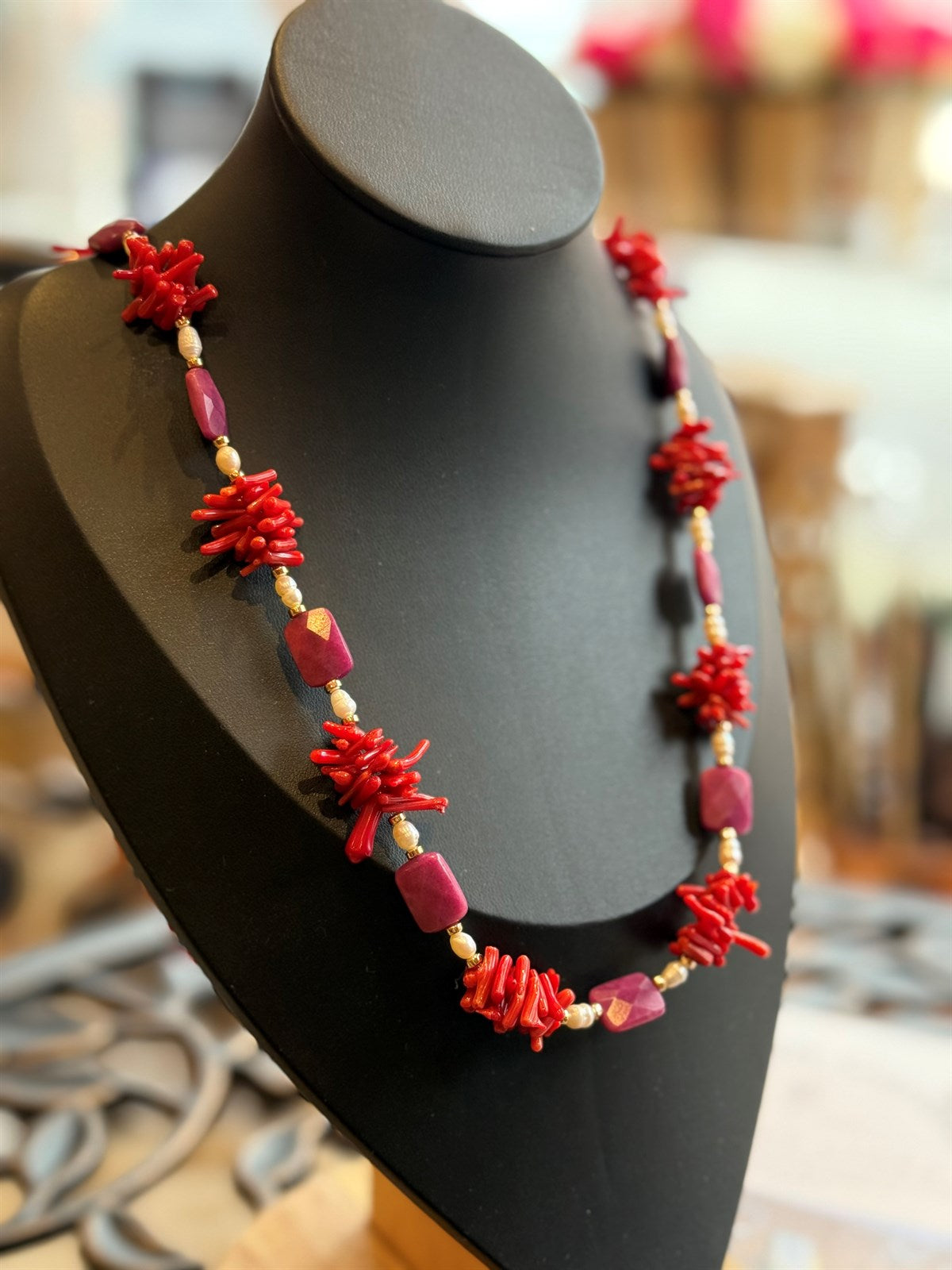 KORALLE - SÜSSWASSERPERLE - RUBIN HALSKETTE ca 82 cm  - UNICAT