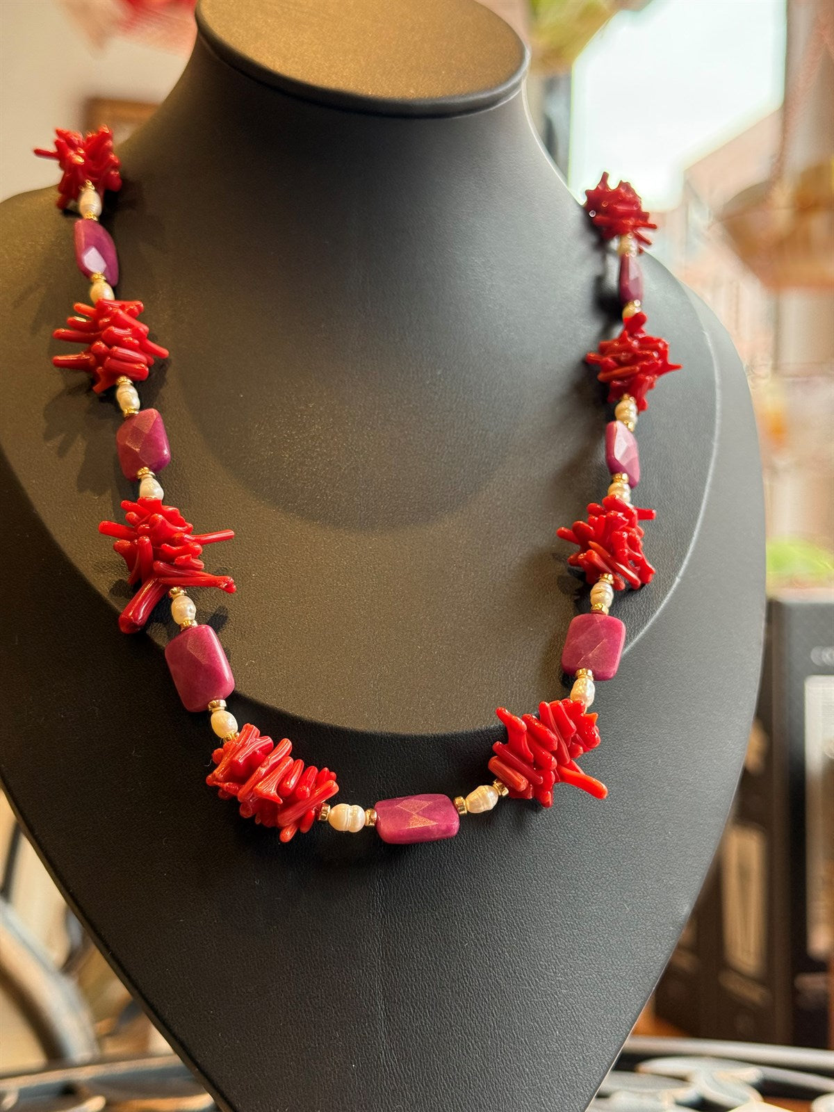 KORALLE - SÜSSWASSERPERLE - RUBIN HALSKETTE ca 82 cm  - UNICAT