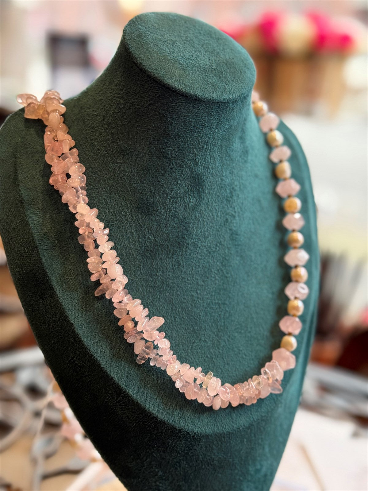 ROSEQUARZ - HÄMATIT - PERLE HALSKETTE ca 89 cm  - UNICAT