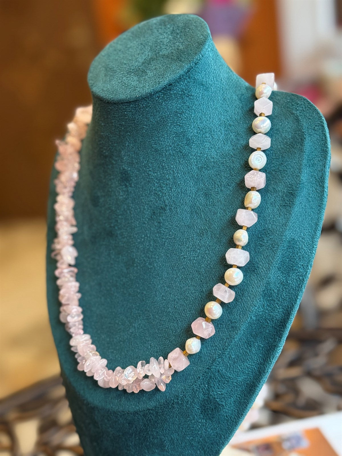 ROSEQUARZ - HÄMATIT - PERLE HALSKETTE ca 89 cm  - UNICAT