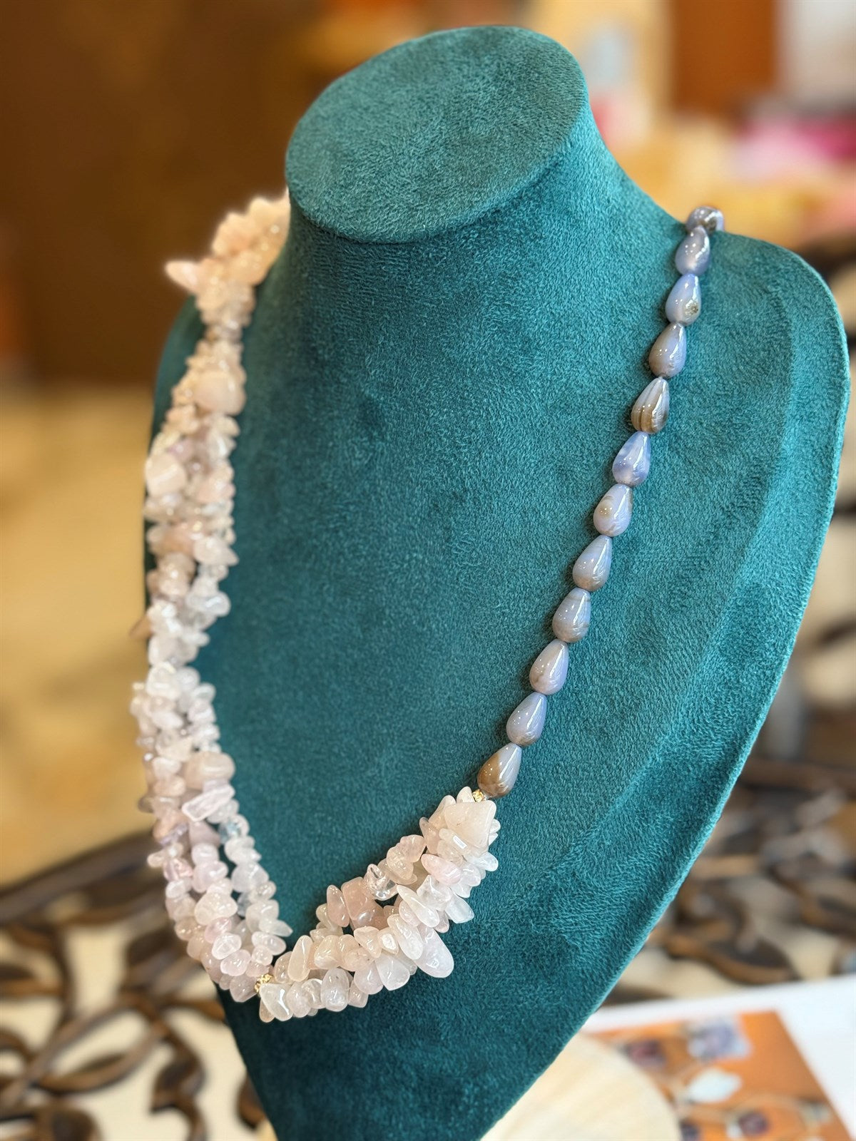 ROSENQUARZ - BLAUER ACHAT - SILBER HALSKETTE ca 77cm  - UNICAT