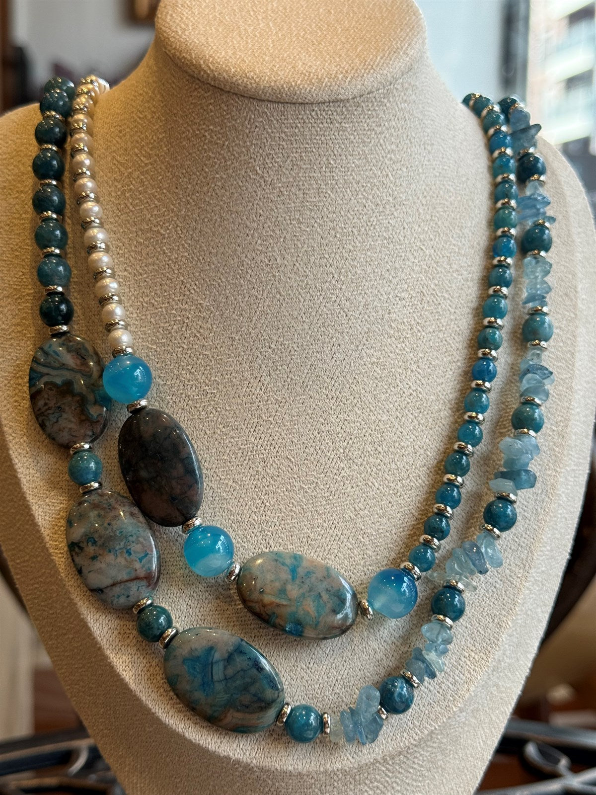 DRACHENACHAT -BLAUER ACHAT - APATIT - PERLE HALSKETTE ca 78 cm  - UNICAT