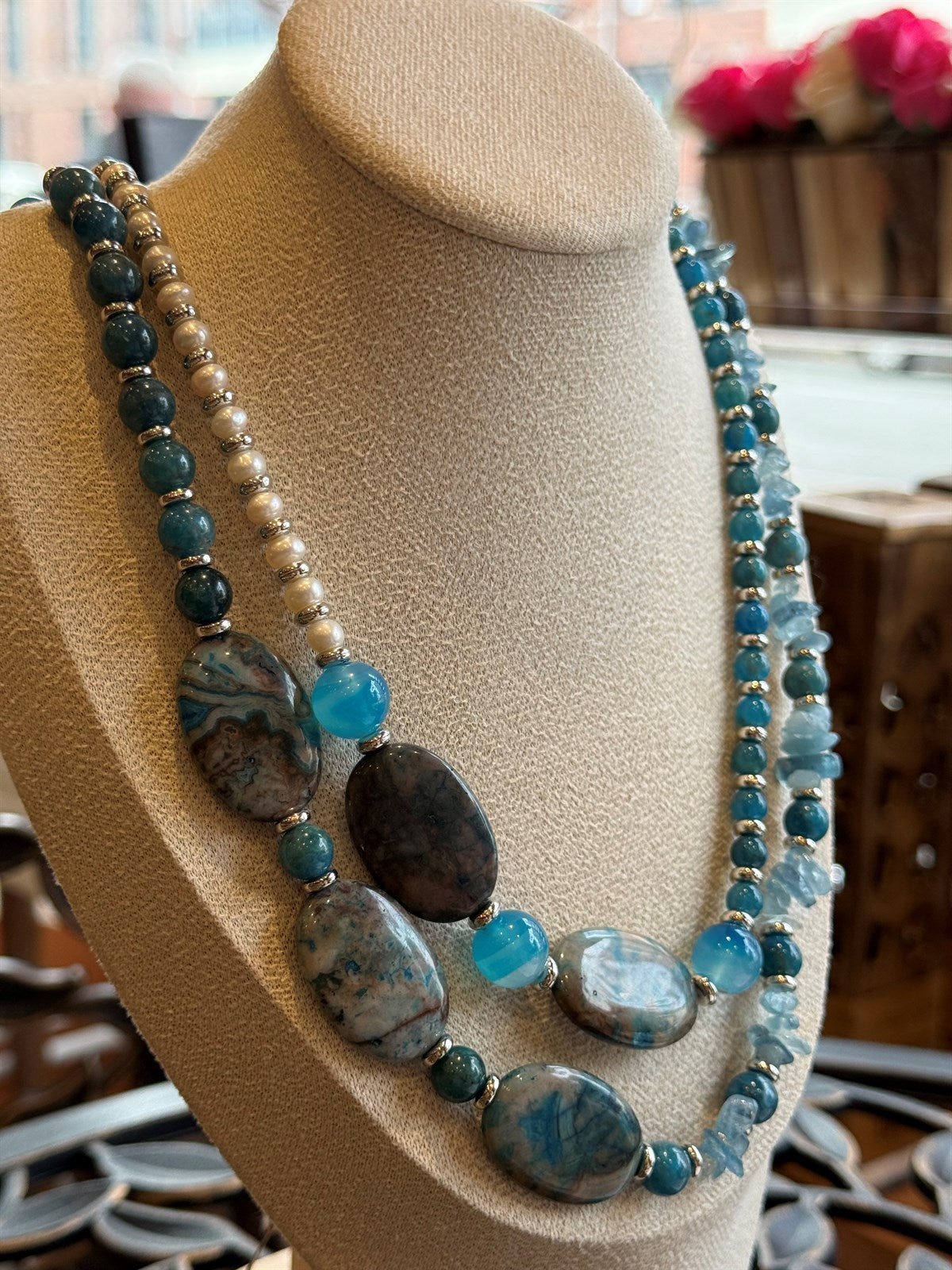 DRACHENACHAT -BLAUER ACHAT - APATIT - PERLE HALSKETTE ca 78 cm  - UNICAT