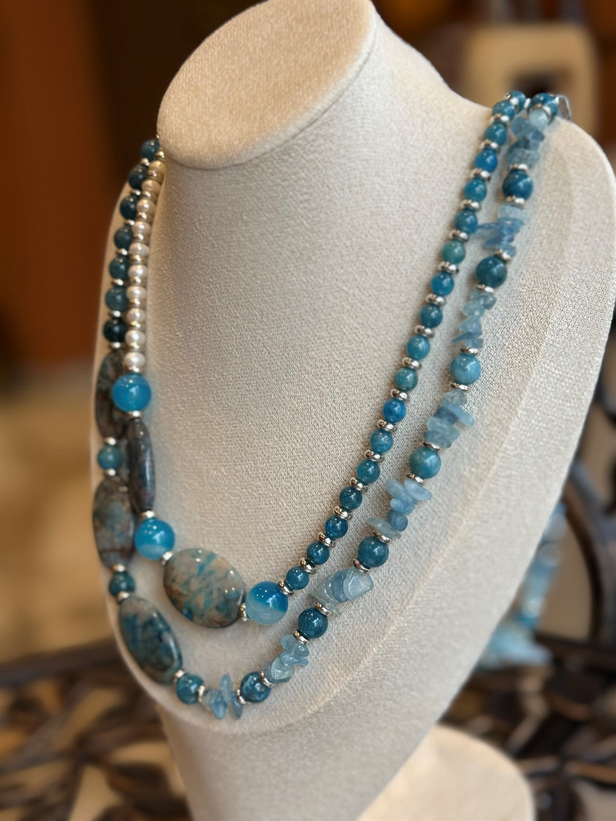 DRACHENACHAT -BLAUER ACHAT - APATIT - PERLE HALSKETTE ca 78 cm  - UNICAT