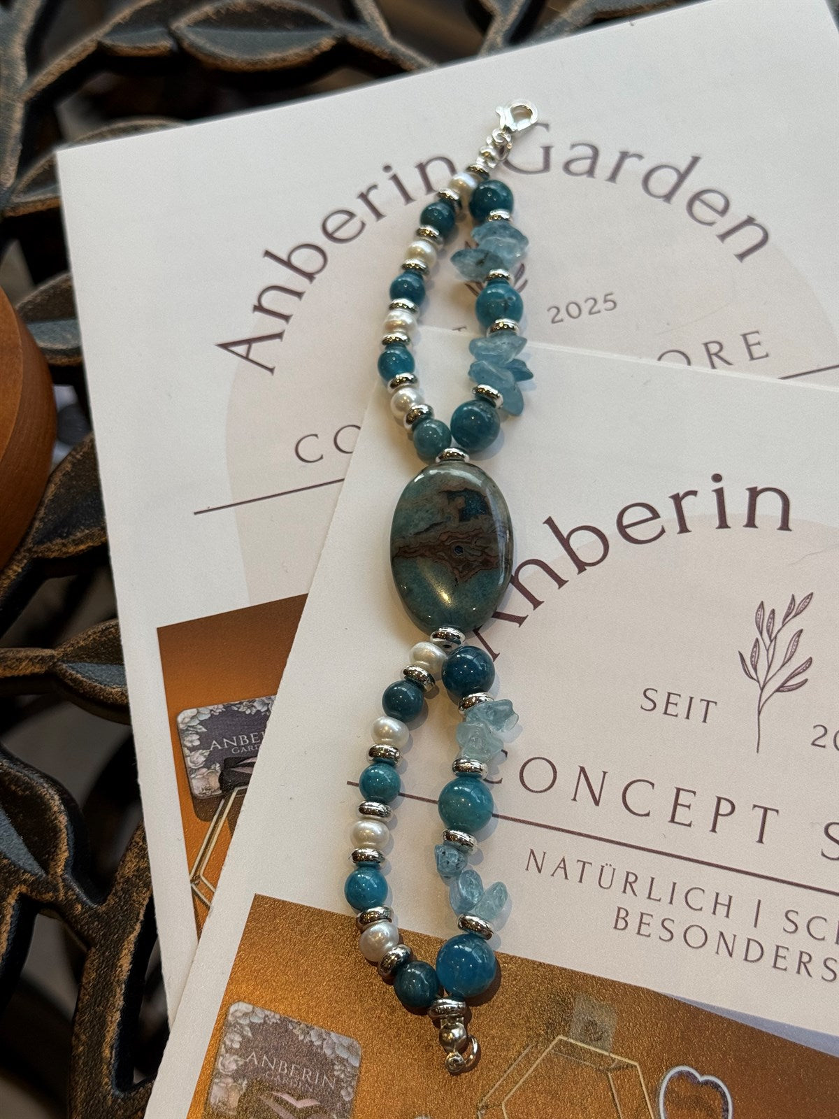 DRACHEN ACHAT- BLAUER ACHAT- APATIT- PERLE ARMBAND ca 19cm  - UNICAT