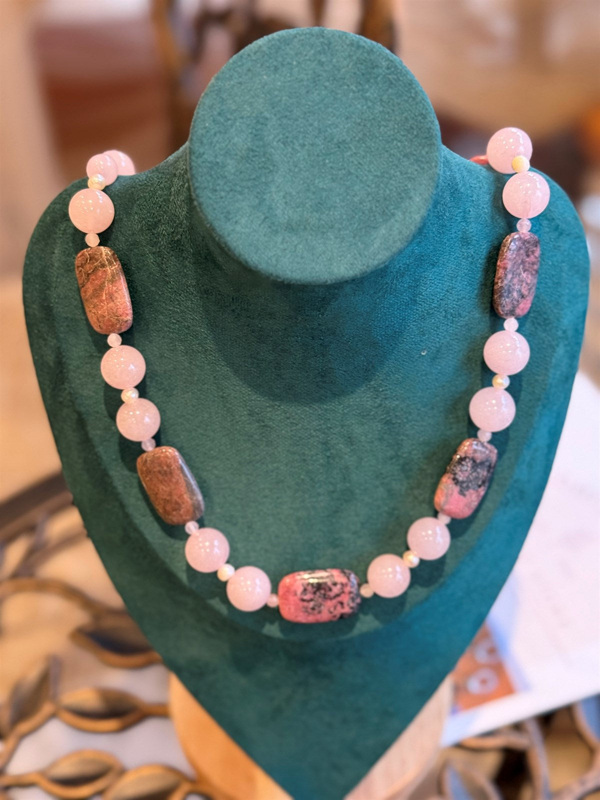 RHODONIT -ROSENQUARZ - PERLE HALSKETTE ca 74 cm  - UNICAT