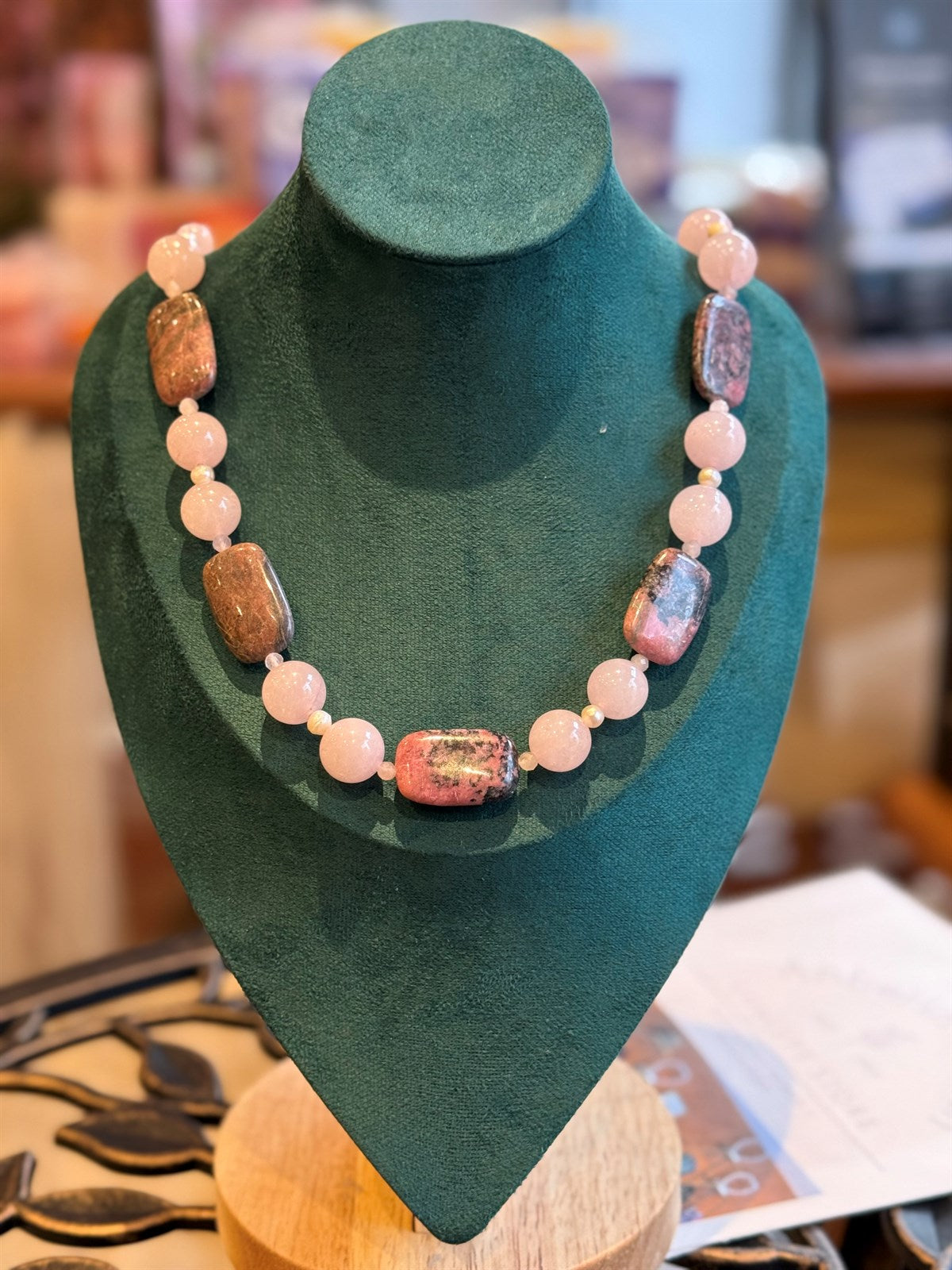 RHODONIT -ROSENQUARZ - PERLE HALSKETTE ca 74 cm  - UNICAT