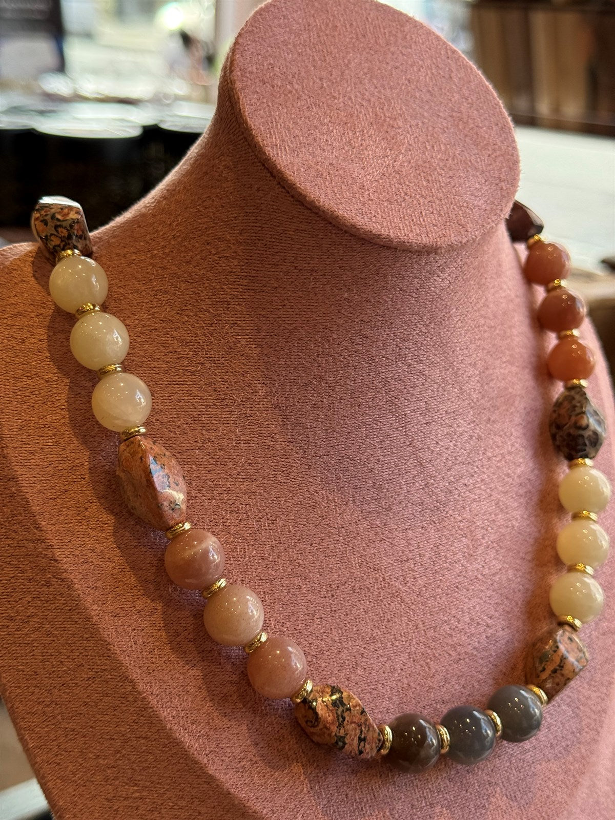 LEOPARDEN  JASPIS - SONNENSTEIN - MONDSTEIN HALSKETTE ca 71 cm  - UNICAT