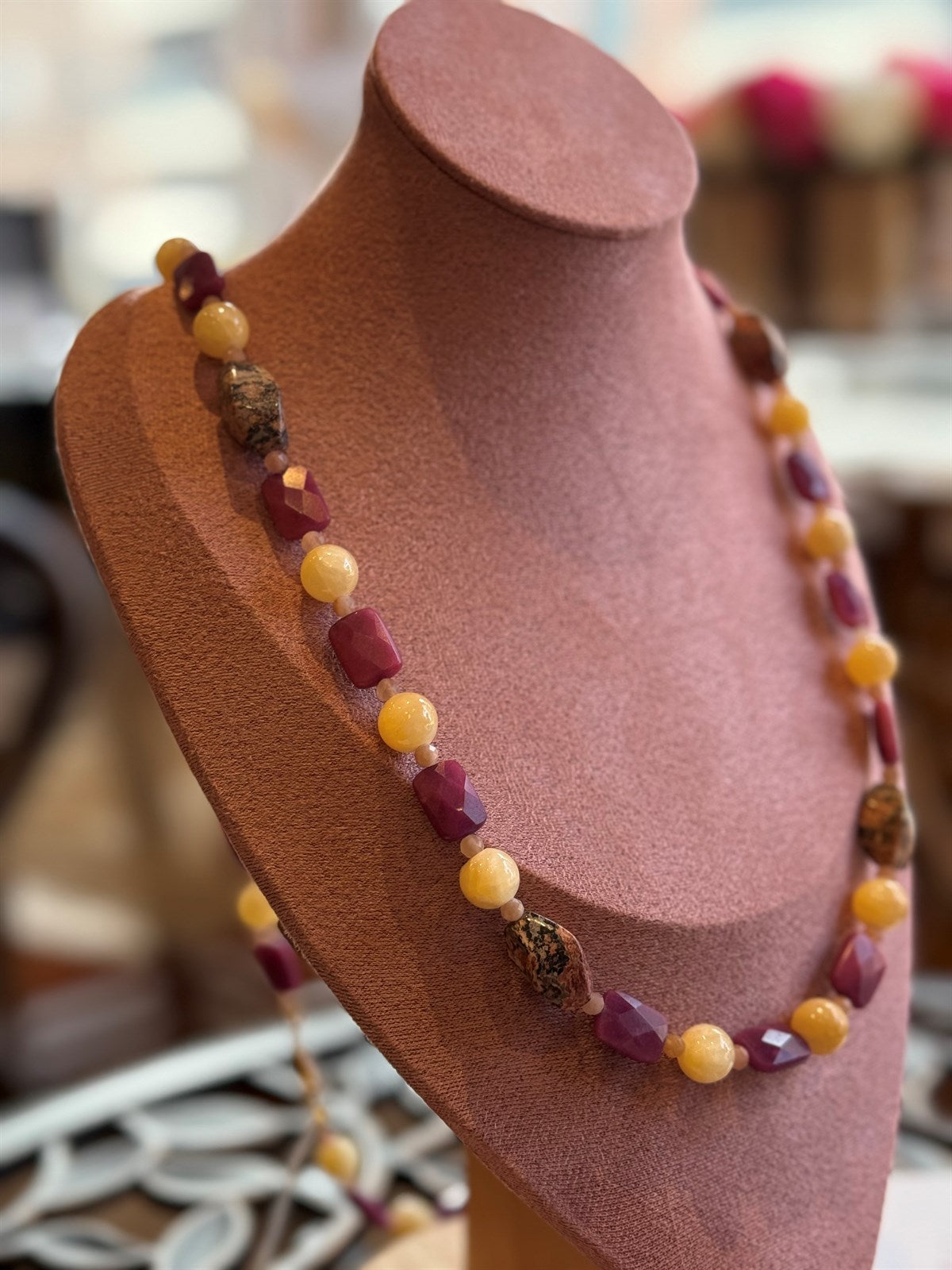 LEOPAERDEN JASPIS - HONIG CALCIT - RUBIN - SONNENSTEIN HALSKETTE ca 93 cm  - UNICAT