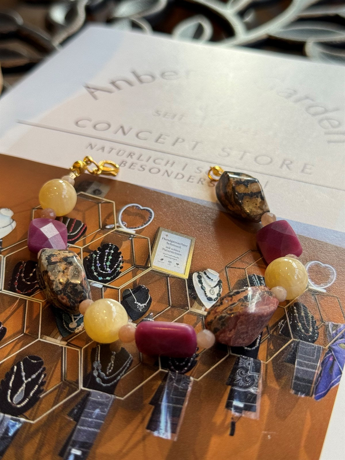 LEONARDEN JASPIS - HONIG CALCIT - RUBIN - SONNENSTEIN ARMBAND ca 20 cm  - UNICAT