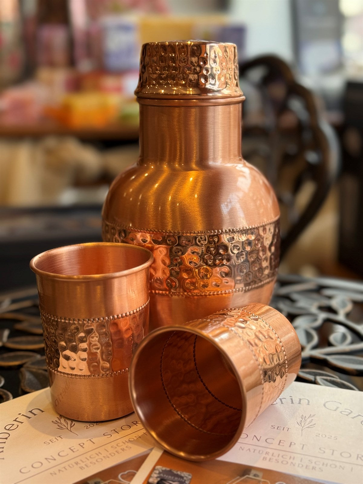 Reines Kupfer-Set aus Karaffe Sequence Ball ± 950 ml mit 2 geraden Tassen