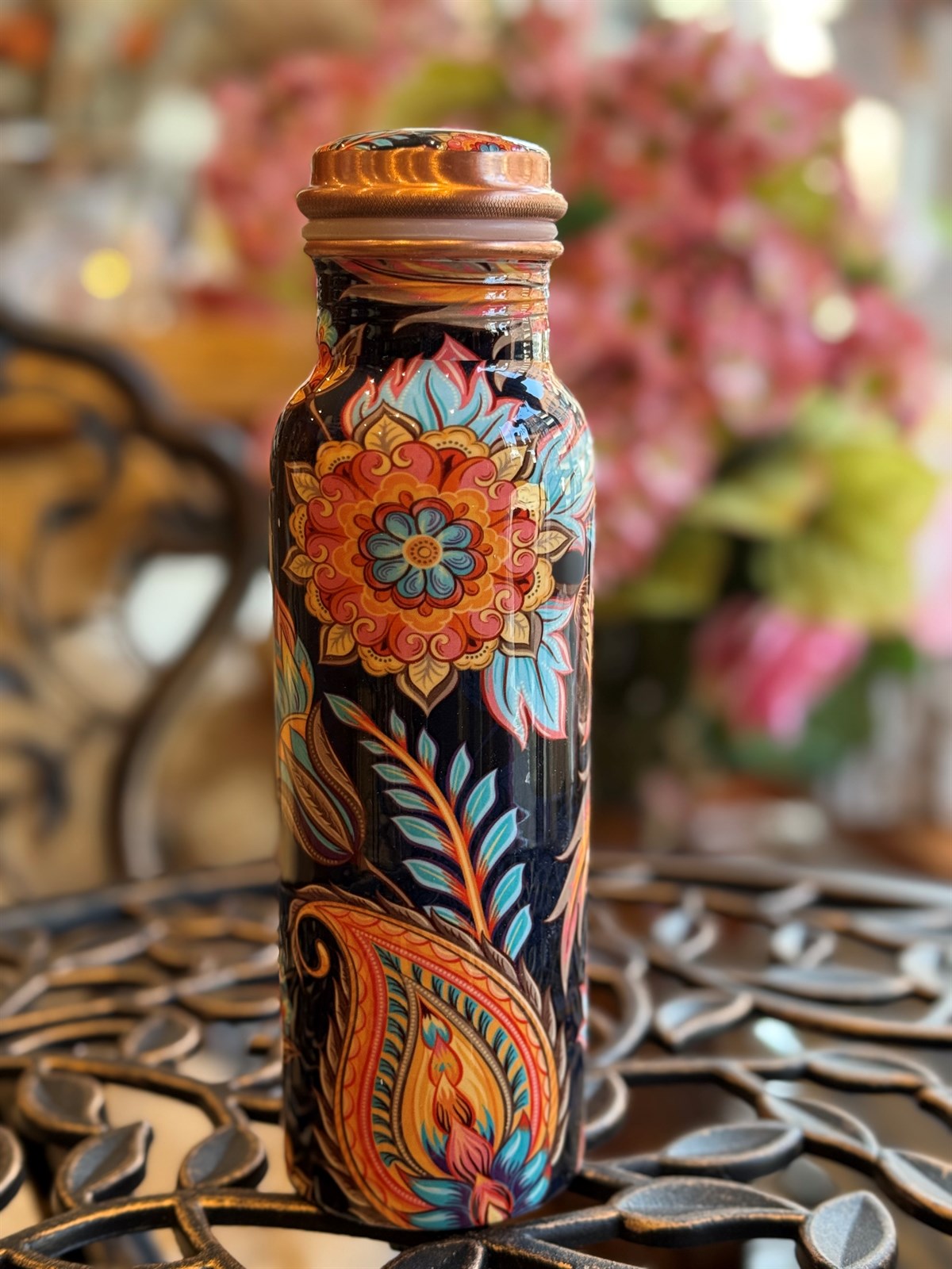 Wasserflasche aus reinem Kupfer mit Blumendruck ± 750 ml