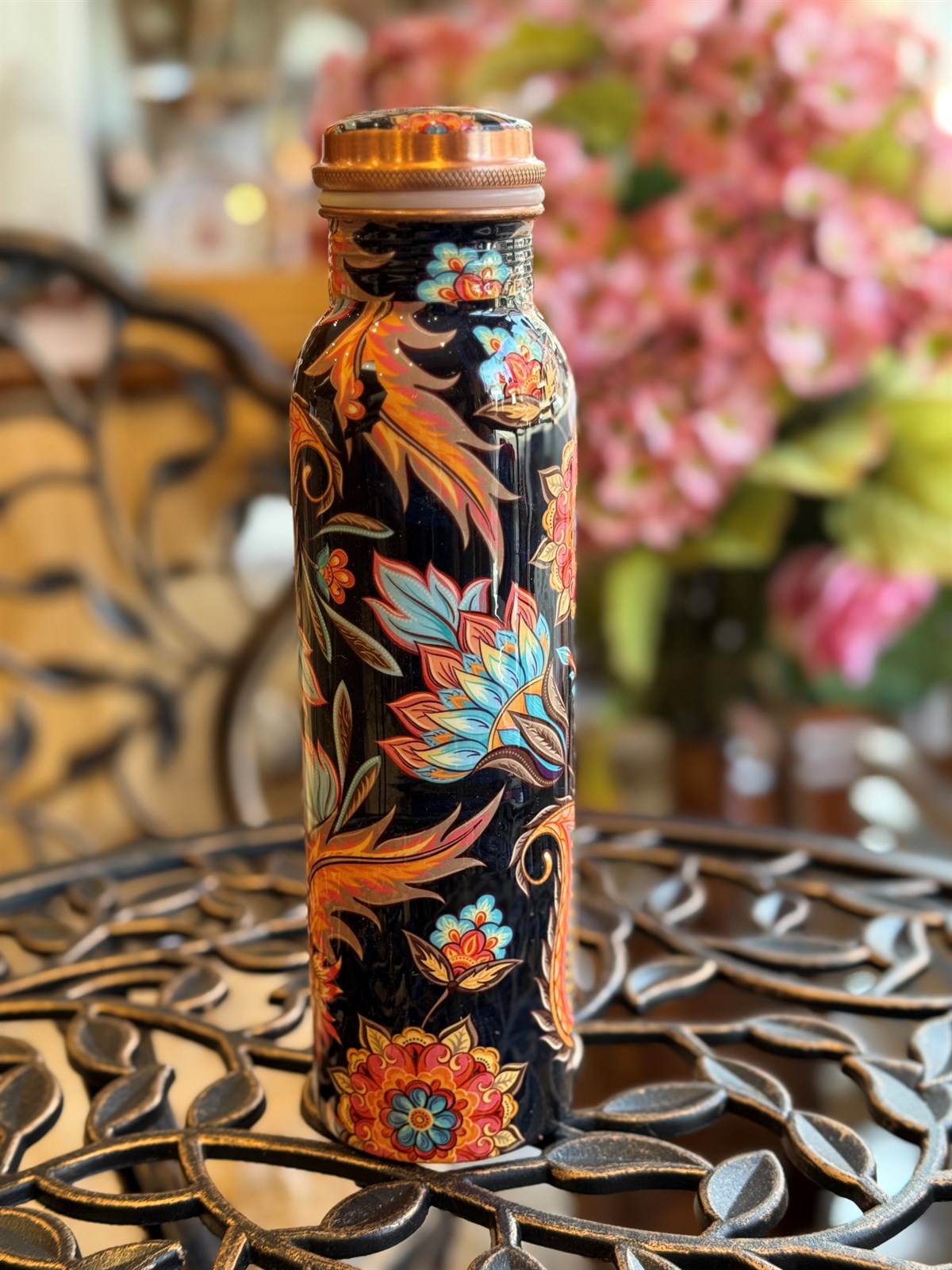 Wasserflasche aus reinem Kupfer mit Blumendruck ± 750 ml