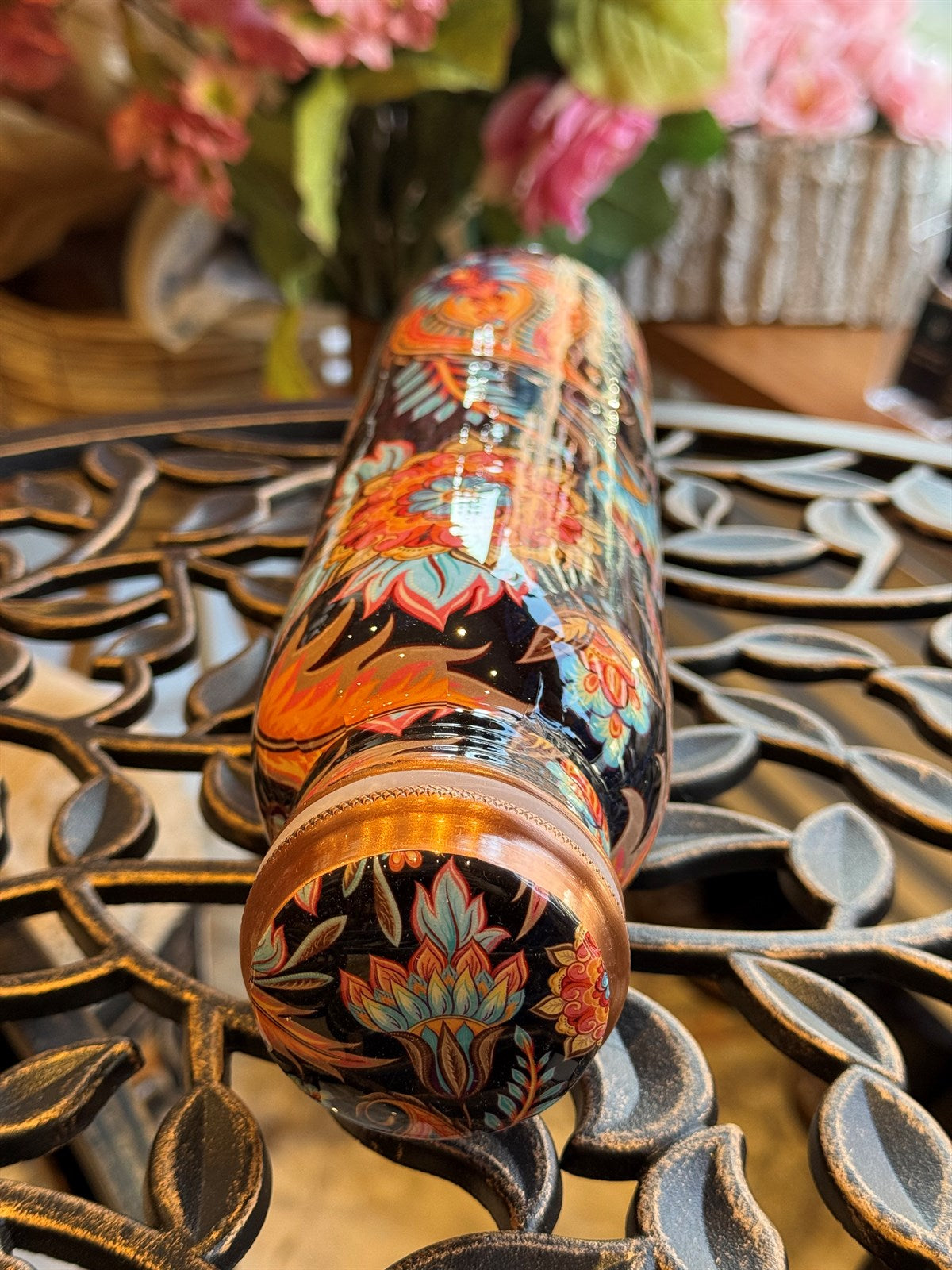 Wasserflasche aus reinem Kupfer mit Blumendruck ± 950 ml (320 g)