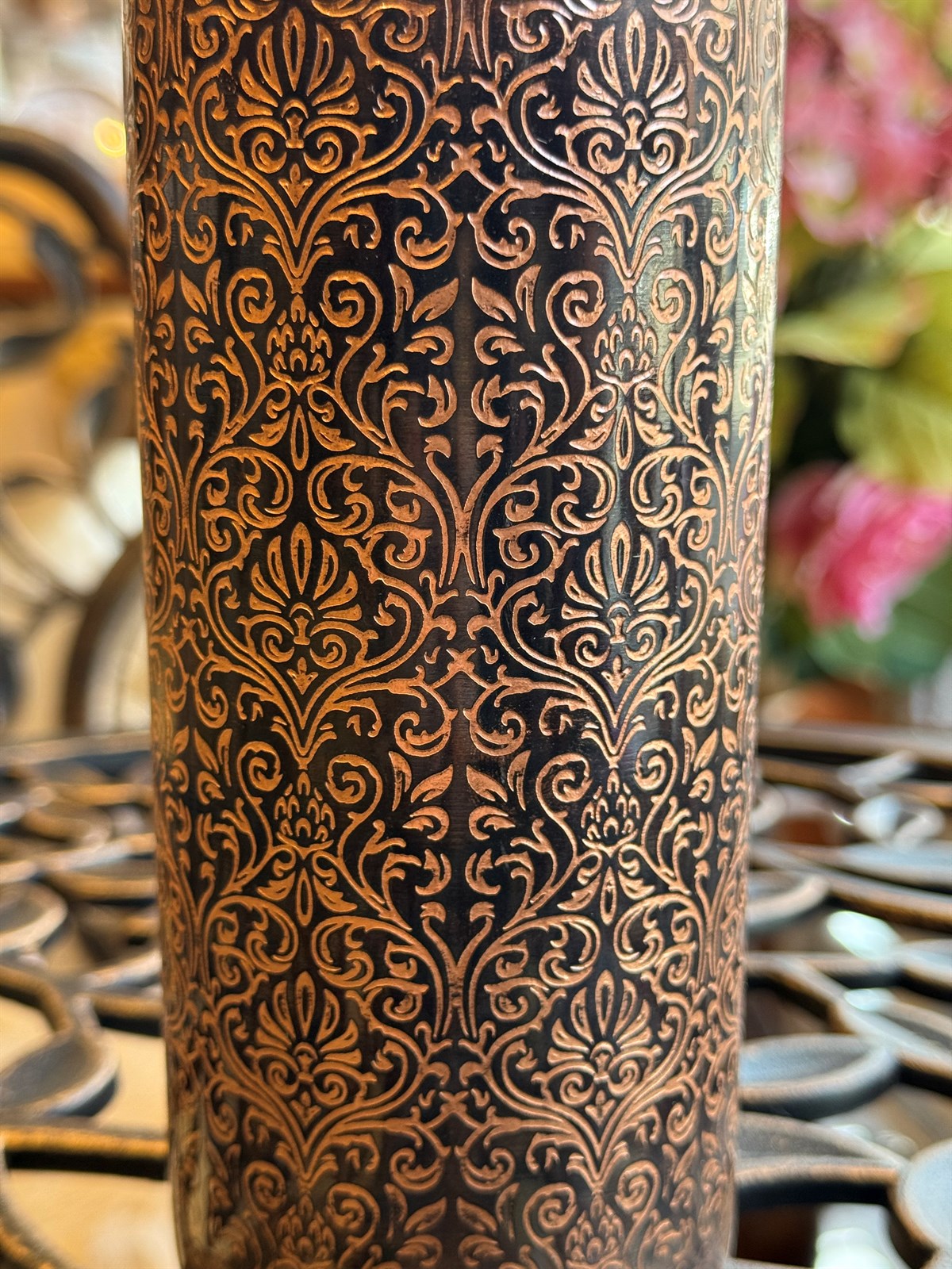 Wasserflasche aus reinem Kupfer antik mit eingraviertem Muster ± 750 ml (schwere Ausführung)