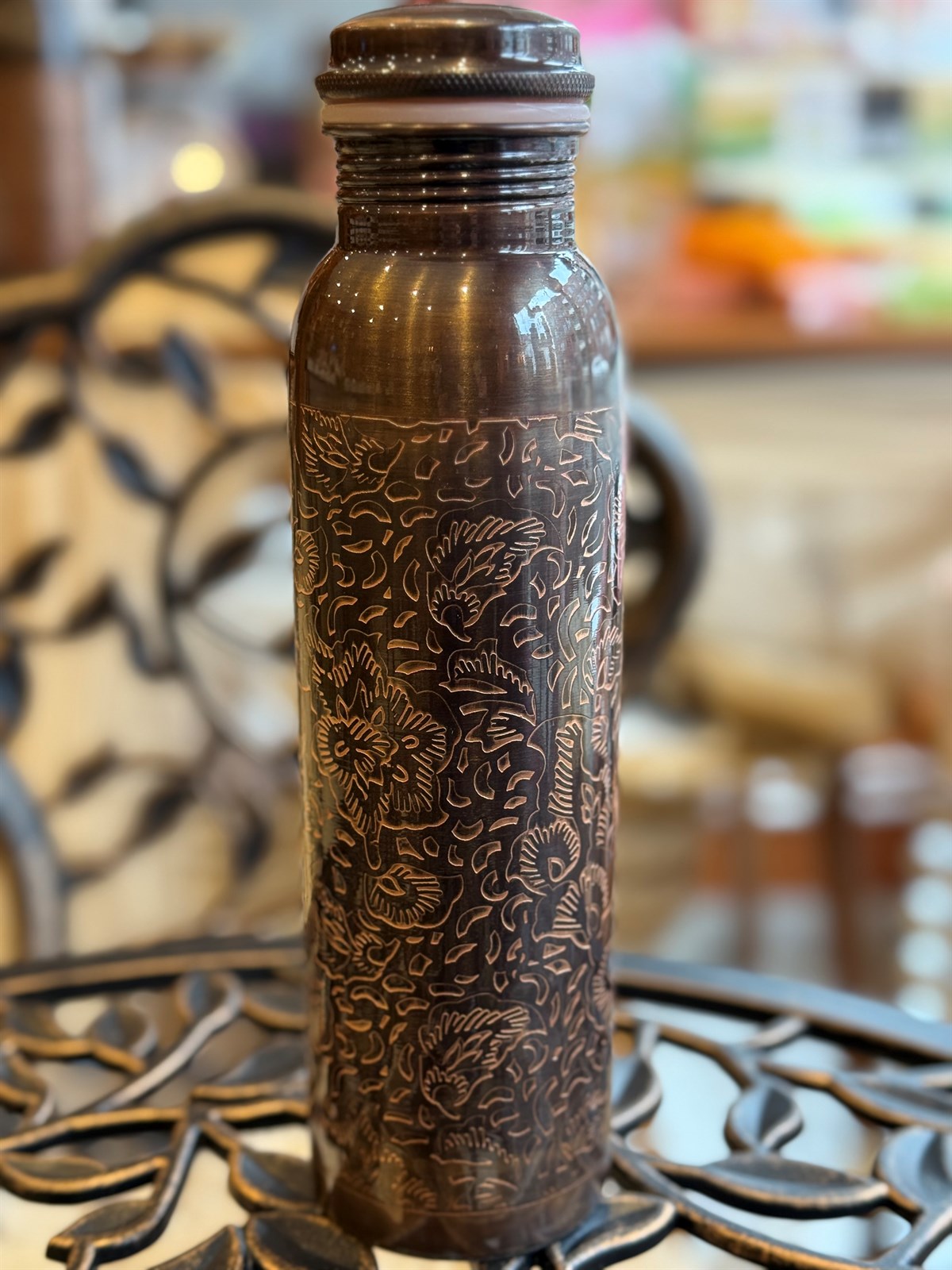 Wasserflasche aus reinem Kupfer, antik graviert, ± 950 ml (Hochleistungsausführung)