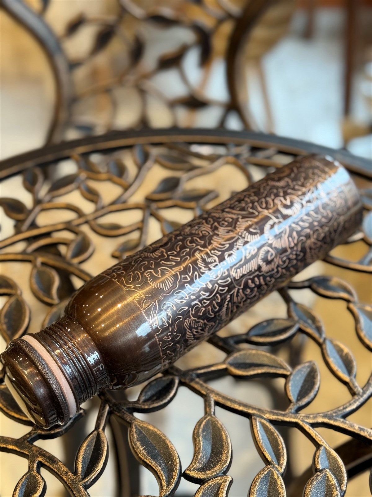 Wasserflasche aus reinem Kupfer, antik graviert, ± 950 ml (Hochleistungsausführung)