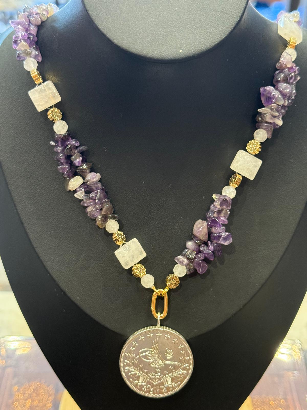 Handgefertigte Amethyst-Rosenquarz-Halskette mit Hämatitblüten – Unikat, ca. 77 cm - Bild 4